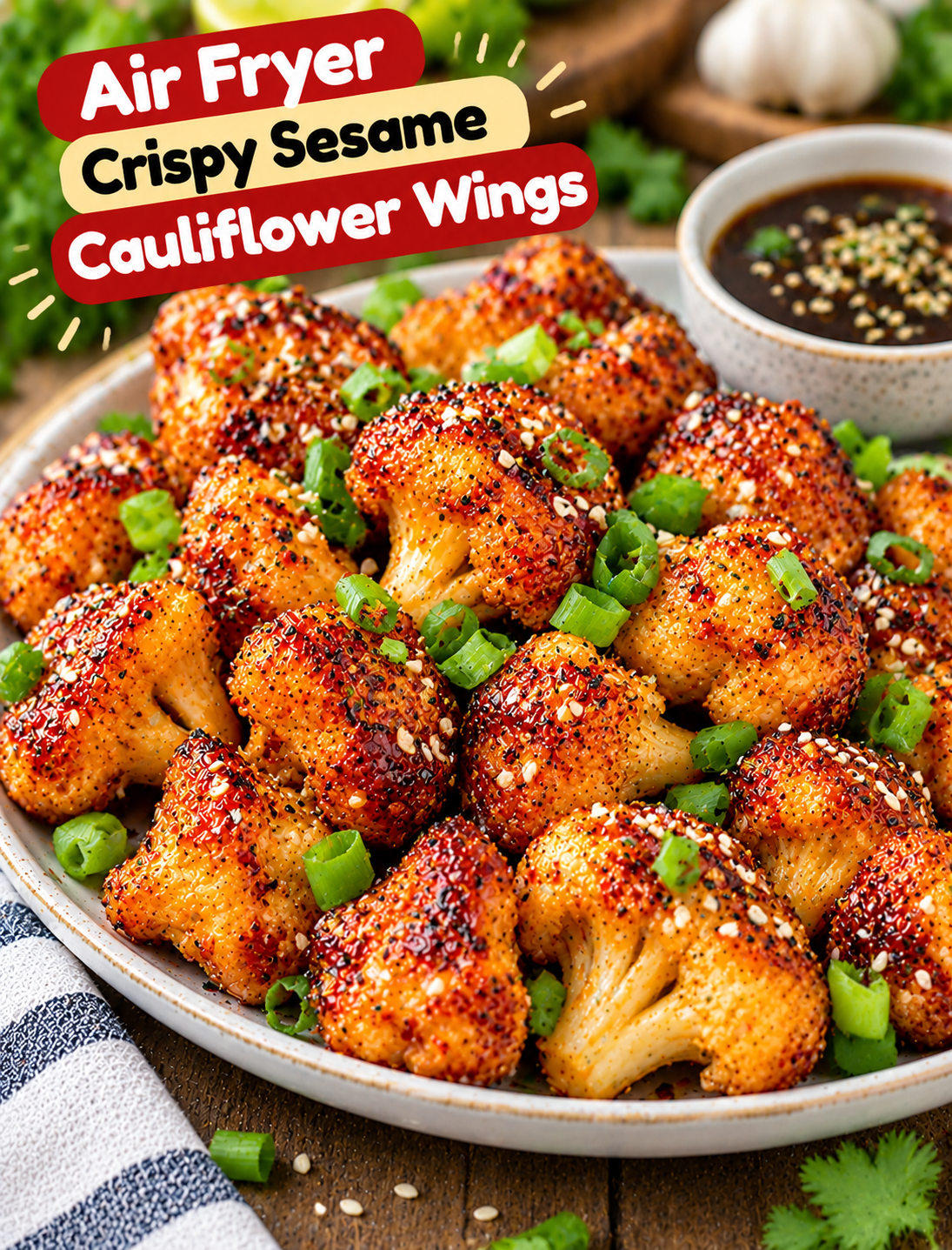 Air fryer crispy sesame cauliflower wings coated in glossy sesame sauce and topped with toasted sesame seeds and sliced green onions.