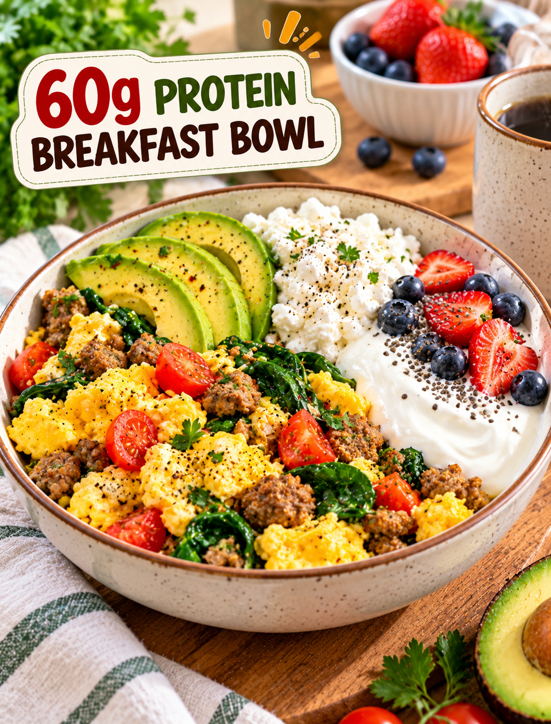 60g-protein breakfast bowl with eggs, cottage cheese, Greek yogurt, turkey sausage, spinach, tomatoes, and avocado