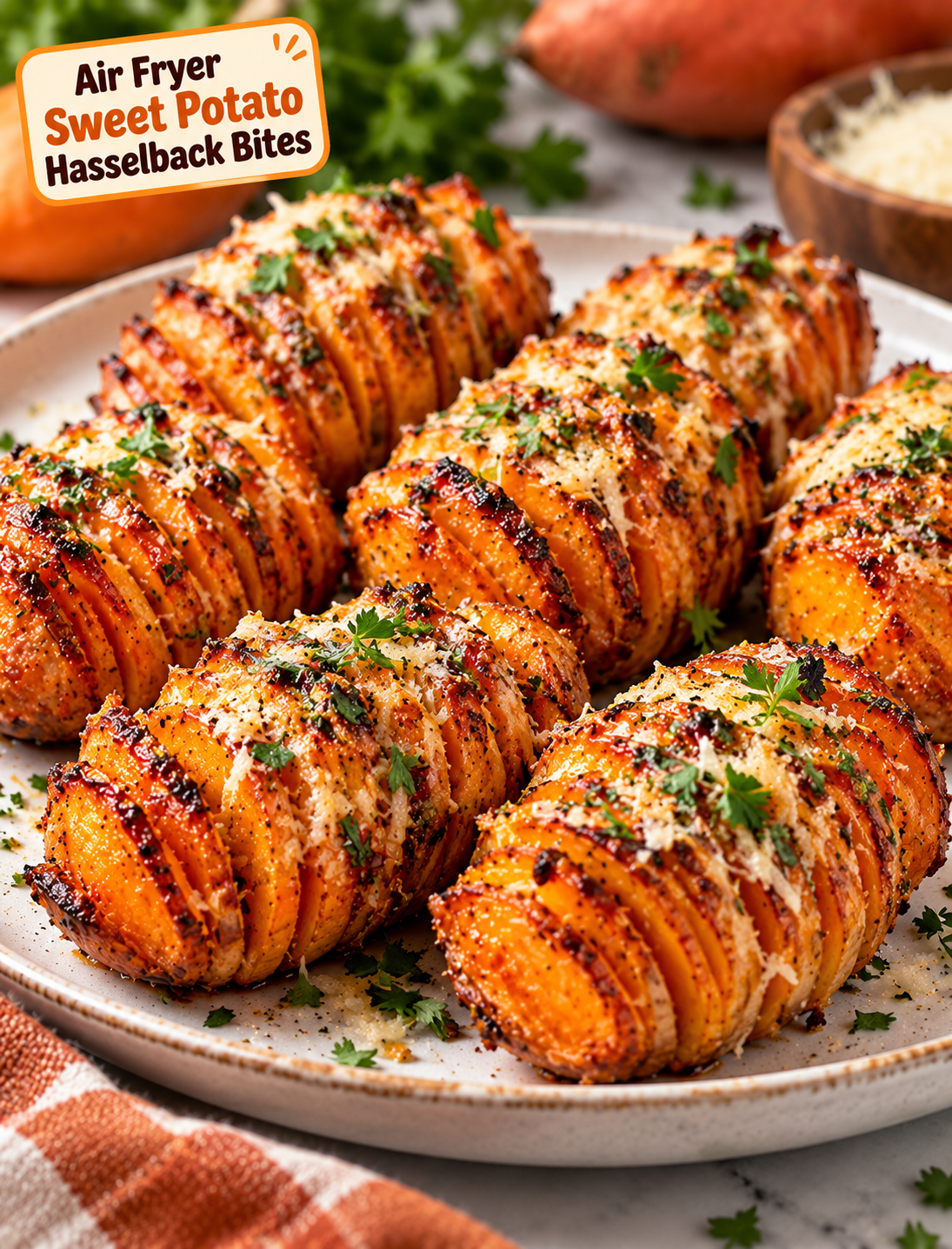 Air fryer sweet potato Hasselback bites with crispy edges, maple glaze, garlic, Parmesan, and fresh parsley