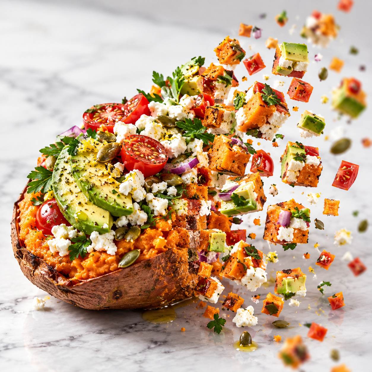 Loaded Mediterranean Sweet Potatoes with avocado feta tomatoes and herbs