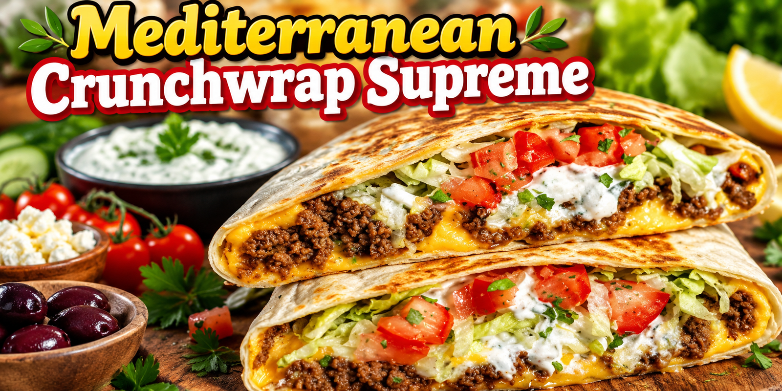 Mediterranean Crunchwrap Supreme filled with seasoned meat, hummus, feta, olives, cucumber, tomatoes and tzatziki