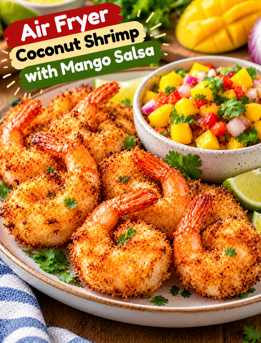 Golden air fryer coconut shrimp served with fresh mango salsa, diced red onion, cilantro, and lime wedges on a plate.
