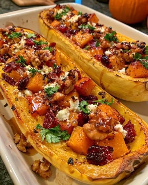 Golden spaghetti squash boats filled with roasted butternut squash, dried cranberries, feta cheese, walnuts, and fresh parsley