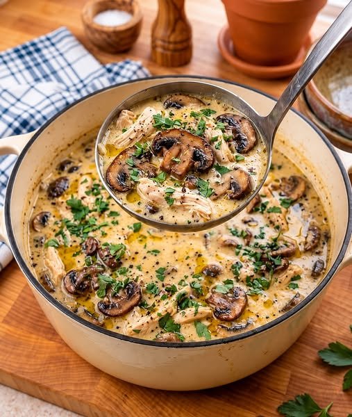 Creamy Chicken Mushroom Soup with tender chicken pieces, sautéed mushrooms, garlic, fresh herbs, and rich creamy broth