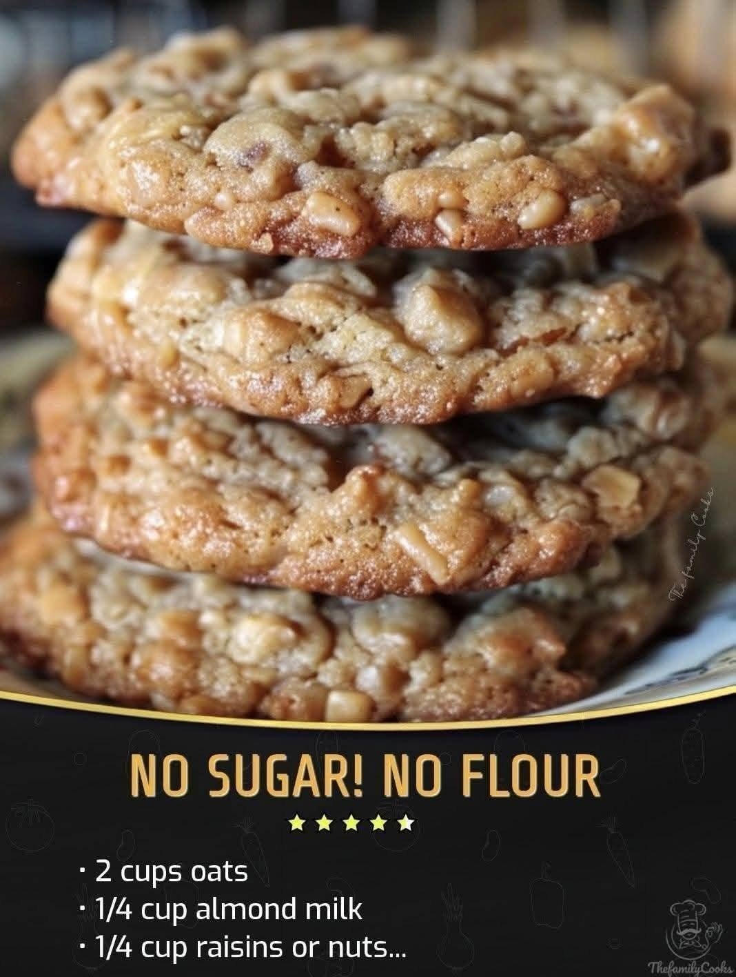 Make soft banana oatmeal cookies with rolled oats, almond milk, and nuts or raisins. An easy flourless recipe with no added sugar.
