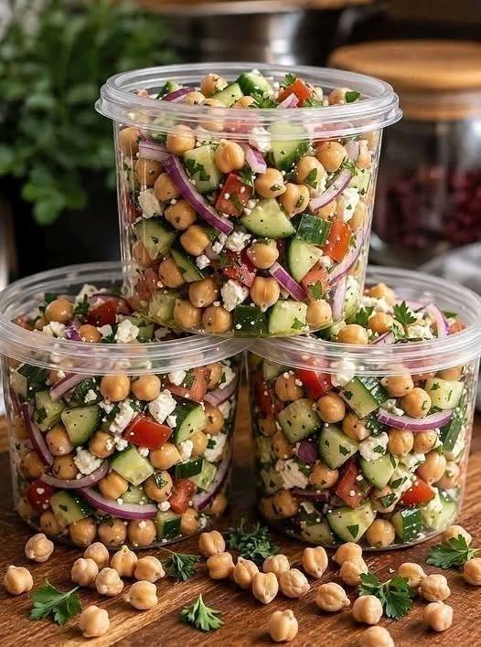 Mediterranean Chickpea Salad with fresh cucumber, cherry tomatoes, crumbled feta cheese, chickpeas, parsley, and lemon olive oil dressing