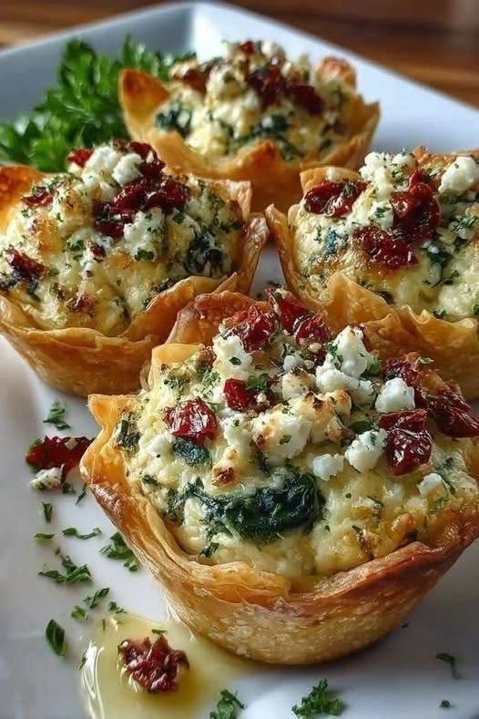 Golden spinach feta phyllo cups filled with creamy cheese and sun-dried tomatoes