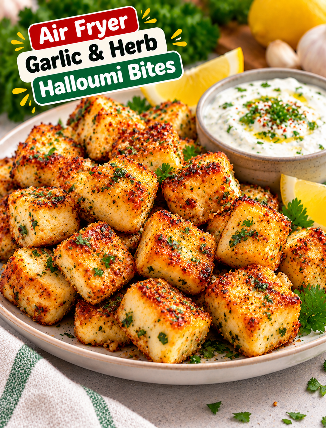 Golden air fryer garlic and herb halloumi cheese bites garnished with fresh parsley and lemon, served with creamy yogurt dipping sauce.