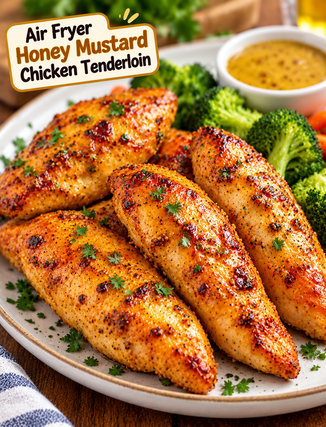 Air fryer honey mustard chicken tenderloins with a golden glaze served with vegetables
