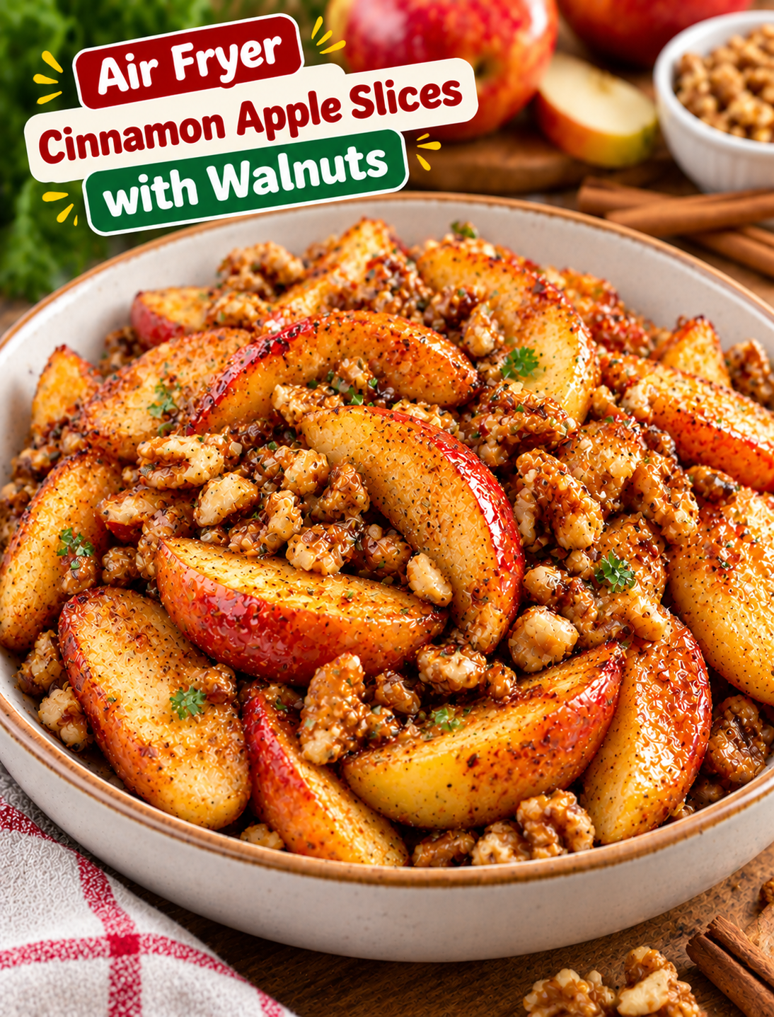 Air fryer roasted cinnamon apple slices topped with chopped walnuts and a light maple syrup glaze in a serving bowl.