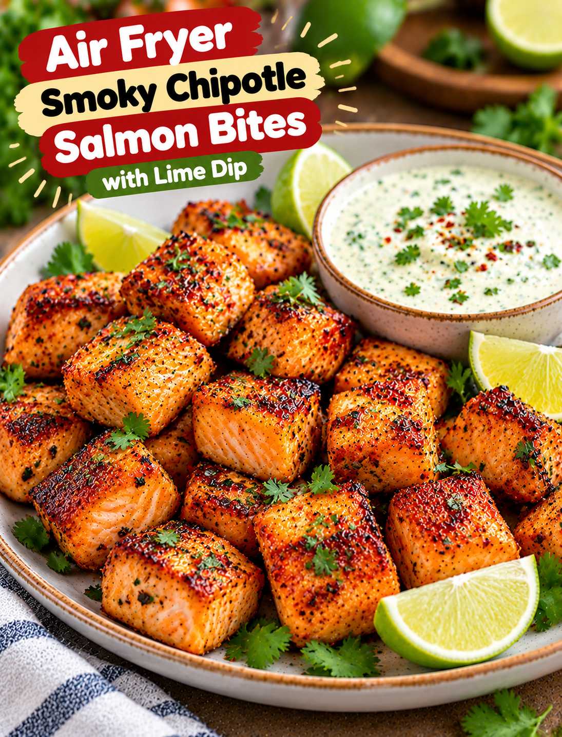 Air fryer smoky chipotle salmon bites with creamy lime dip, fresh cilantro, and lime wedges on a serving plate.