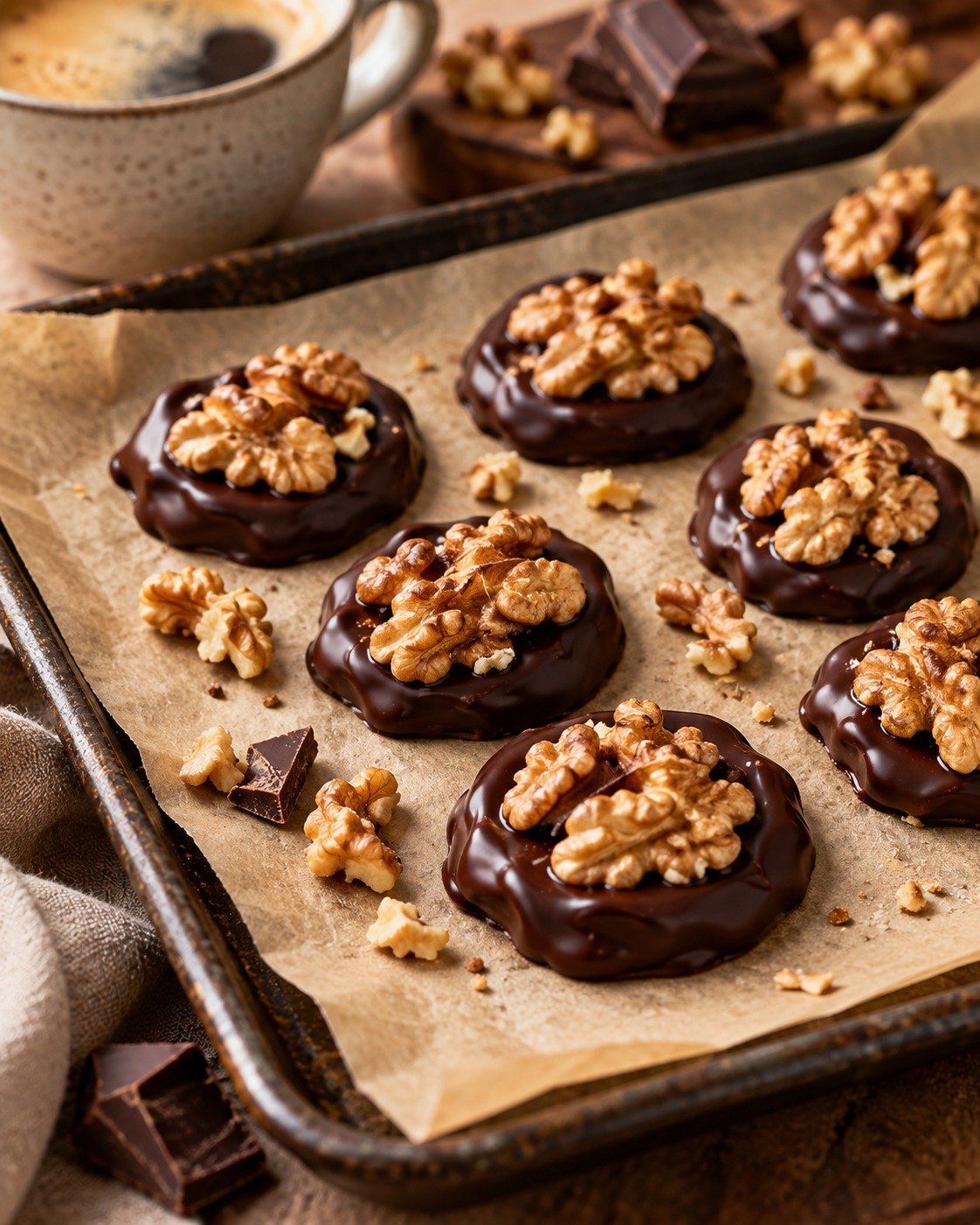 Chocolate Walnut Bites made with dark chocolate and walnut halves