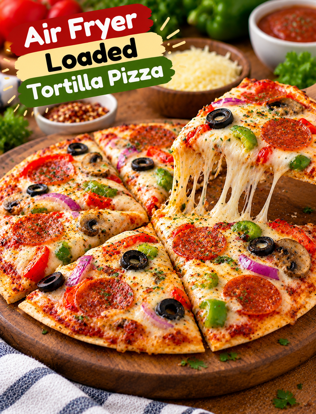 Crispy air fryer loaded tortilla pizza topped with melted mozzarella cheese, pepperoni, bell peppers, red onions, mushrooms, and black olives.