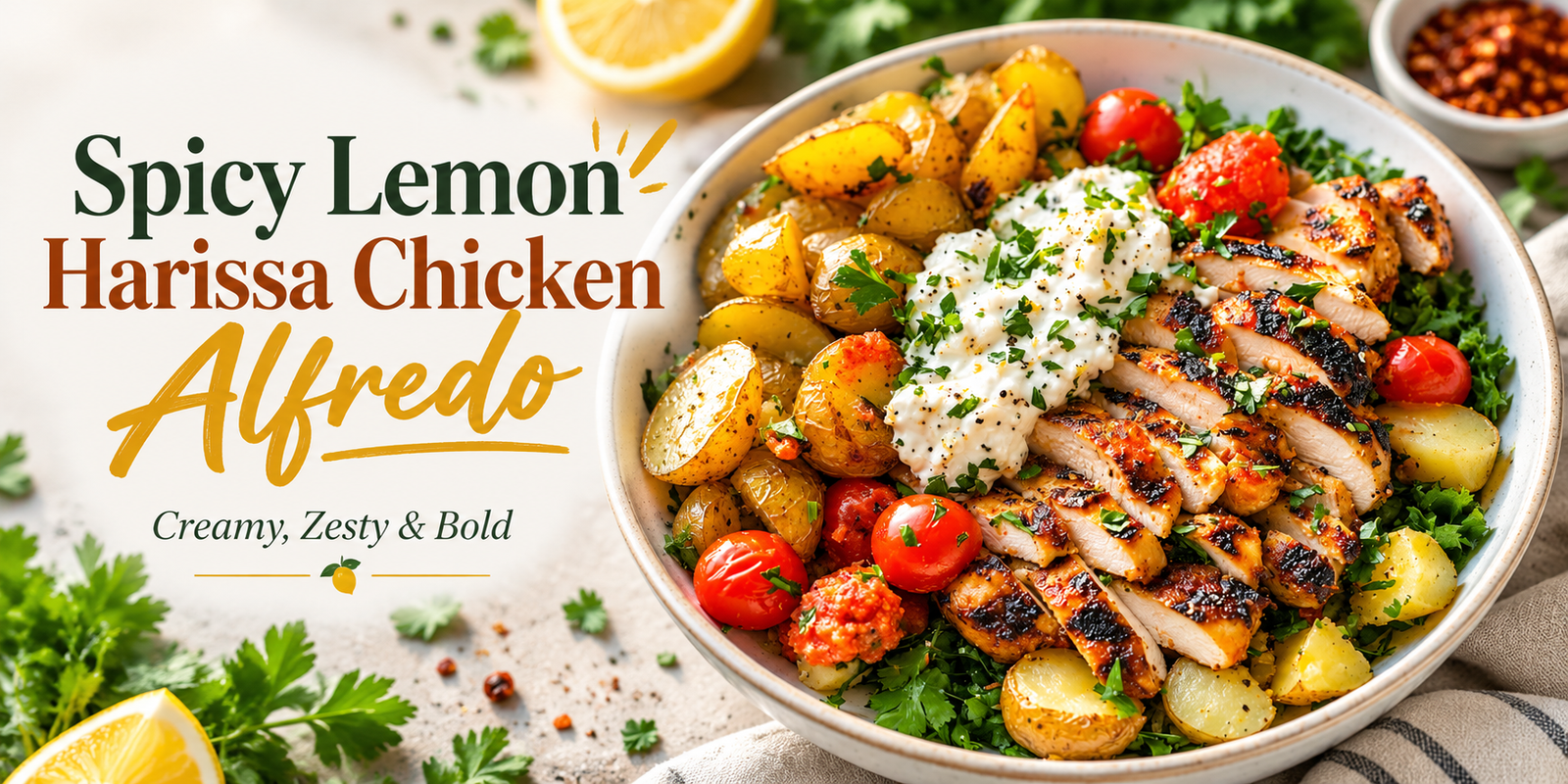 picy Lemon Harissa Chicken Alfredo with grilled chicken, creamy sauce, roasted potatoes, tomatoes, and fresh herbs