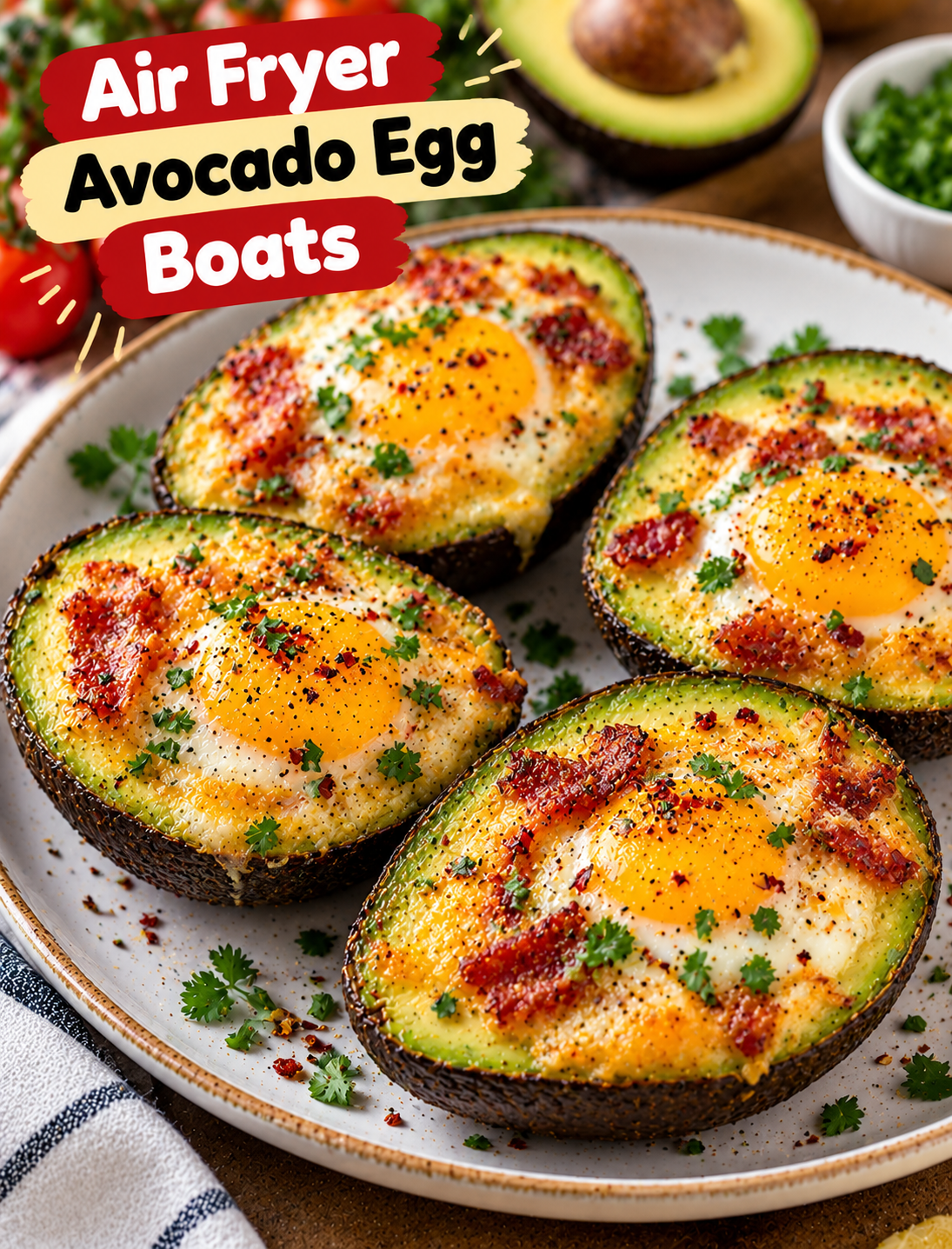 Air fryer avocado egg boats filled with cooked eggs, topped with fresh herbs, black pepper, and melted cheese.