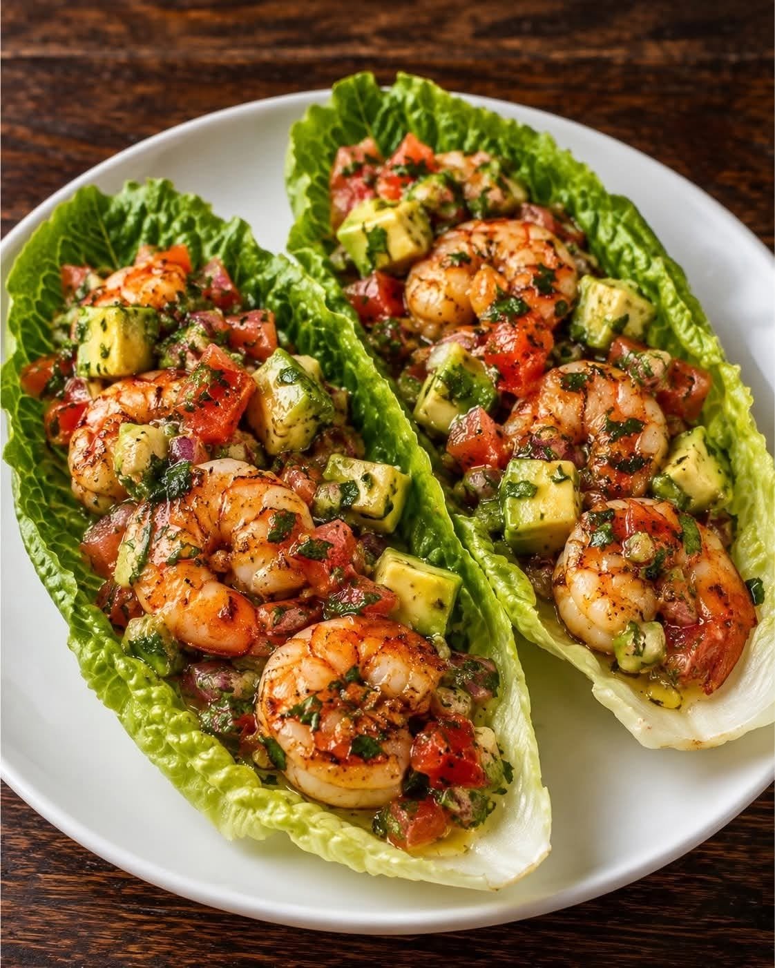 Avocado Lettuce Boats with creamy avocado, chickpeas, cucumber, tomatoes, fresh herbs, and lemon dressing