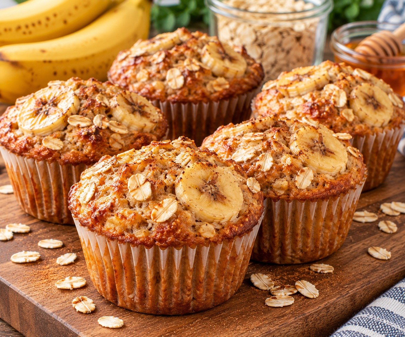 Banana Oat Muffins with ripe bananas, rolled oats, soft centers, golden tops, and a healthy homemade breakfast texture