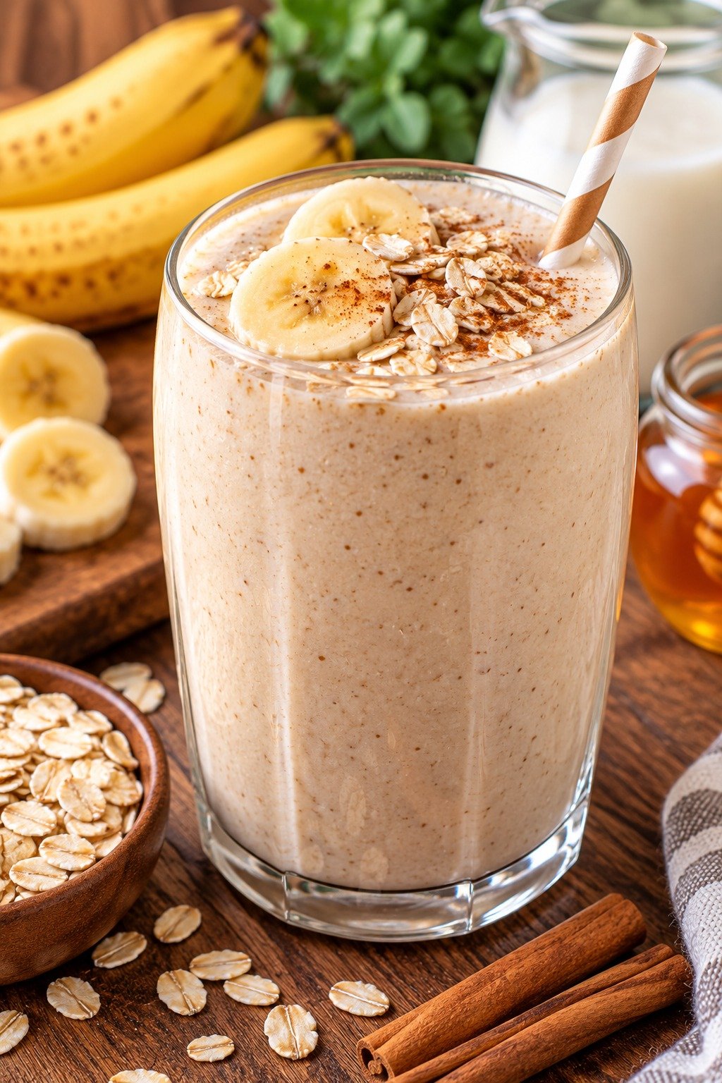 Banana Oat Smoothie with ripe bananas, rolled oats, Greek yogurt, cinnamon, and a creamy breakfast texture