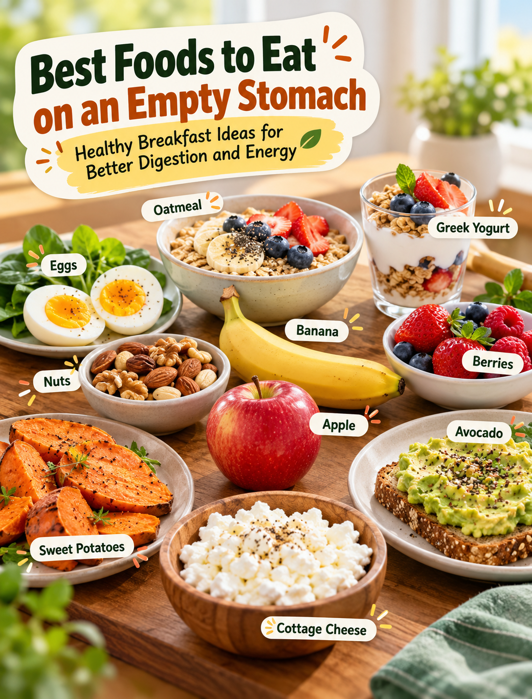 Best foods to eat on an empty stomach, including oatmeal, eggs, Greek yogurt, fresh berries, nuts, and avocado toast.