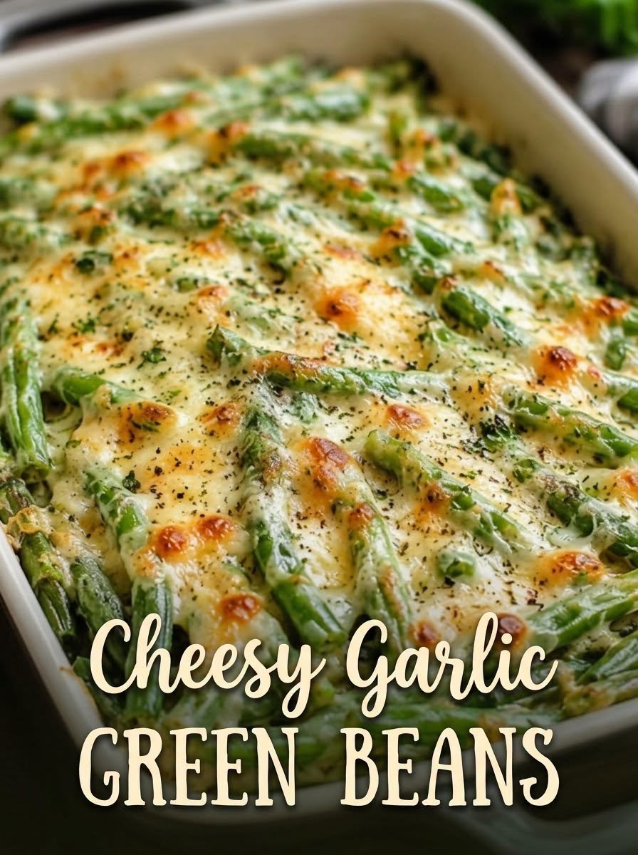 Cheesy Green Beans with creamy garlic sauce, mozzarella, Parmesan, herbs, and golden baked cheese