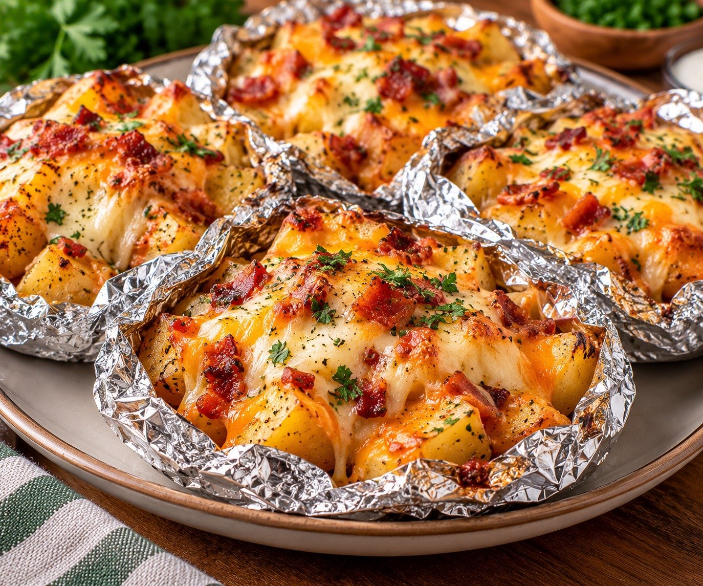 Cheesy Potato Packs with tender sliced potatoes, melted cheddar and mozzarella, garlic, herbs, and golden cheesy edges