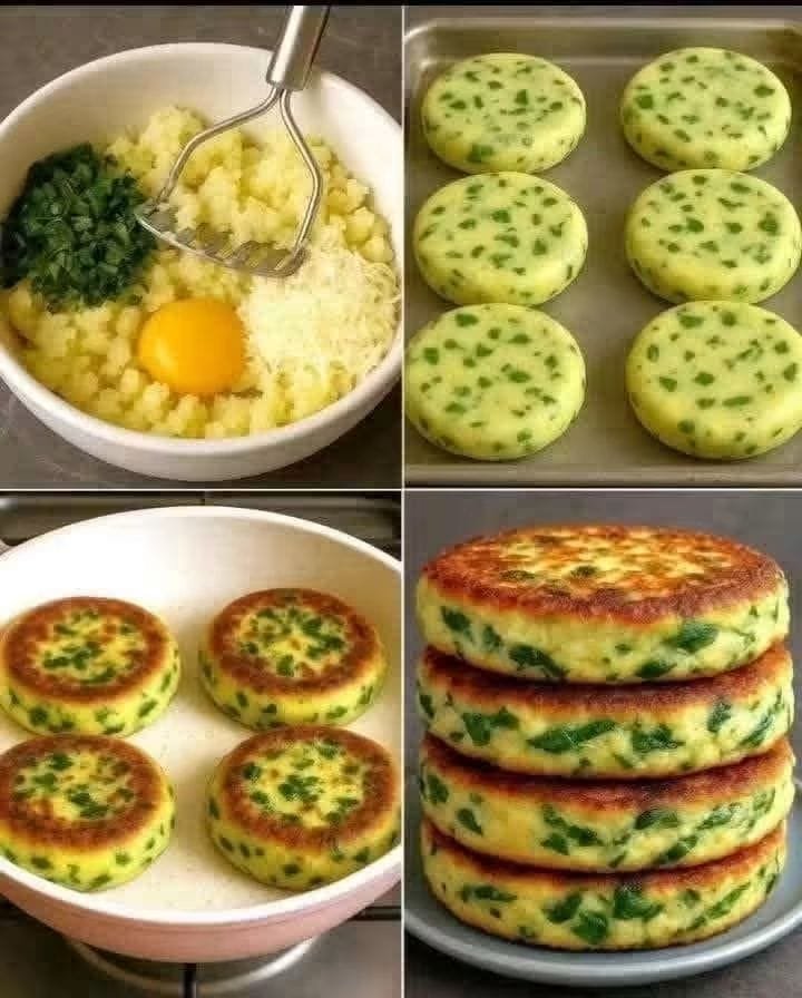 Spinach Potato Cakes with mashed potatoes, spinach, mozzarella, Parmesan, garlic, and fresh herbs