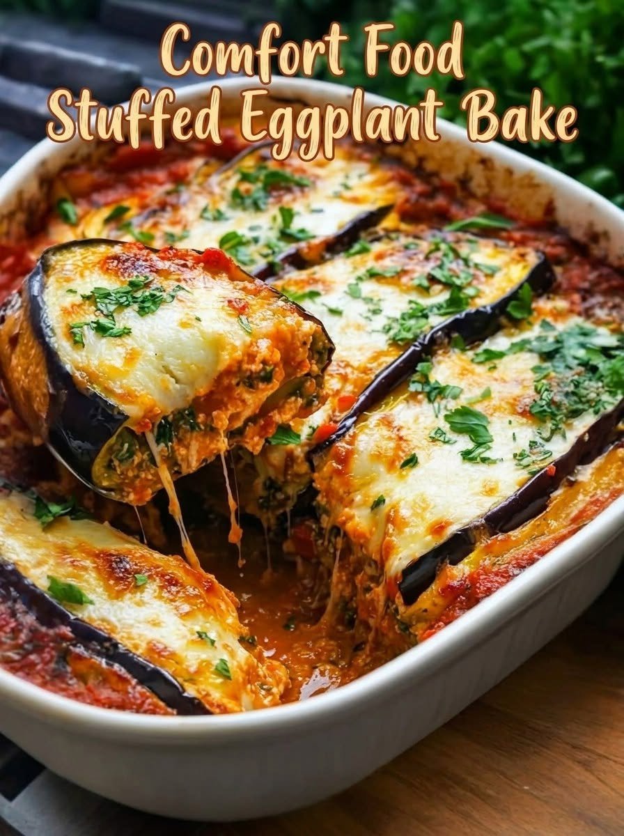 Stuffed Eggplant Bake with roasted eggplant, savory ground beef, tomatoes, ricotta, mozzarella, and fresh herbs