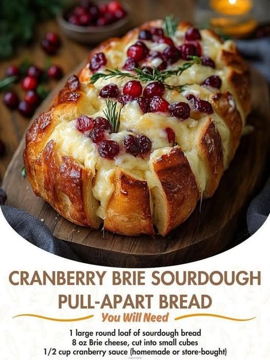 Cranberry Brie Bread with melted Brie, cranberry sauce, garlic butter, rosemary, and golden sourdough