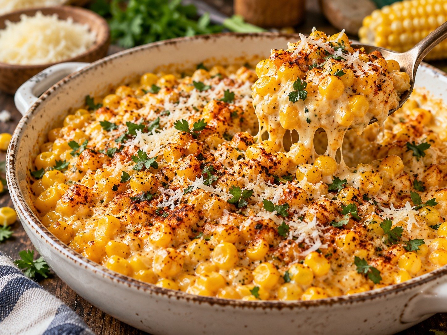 Creamy Cajun Corn with Parmesan, garlic, Cajun seasoning, herbs, and sweet corn