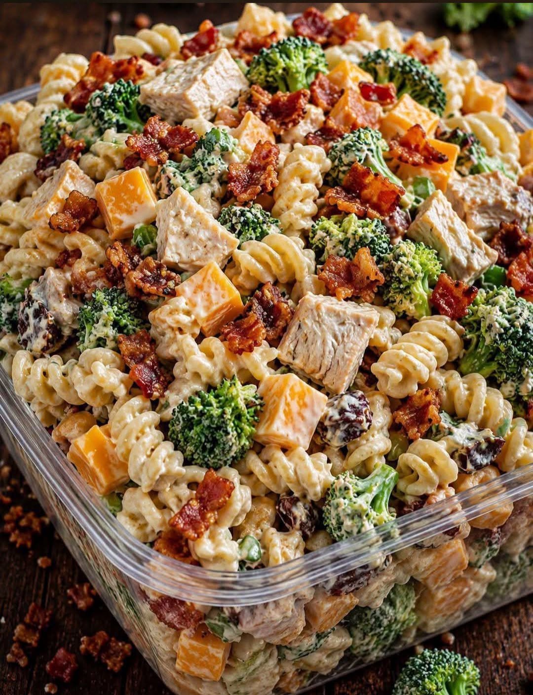 Chicken Pasta Salad with broccoli, crispy bacon, cheddar cheese, cranberries, and creamy dressing