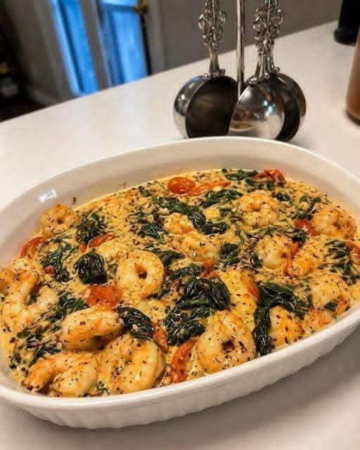 Garlic Shrimp Skillet with tender shrimp, creamy Parmesan sauce, fresh spinach, garlic, and lemon