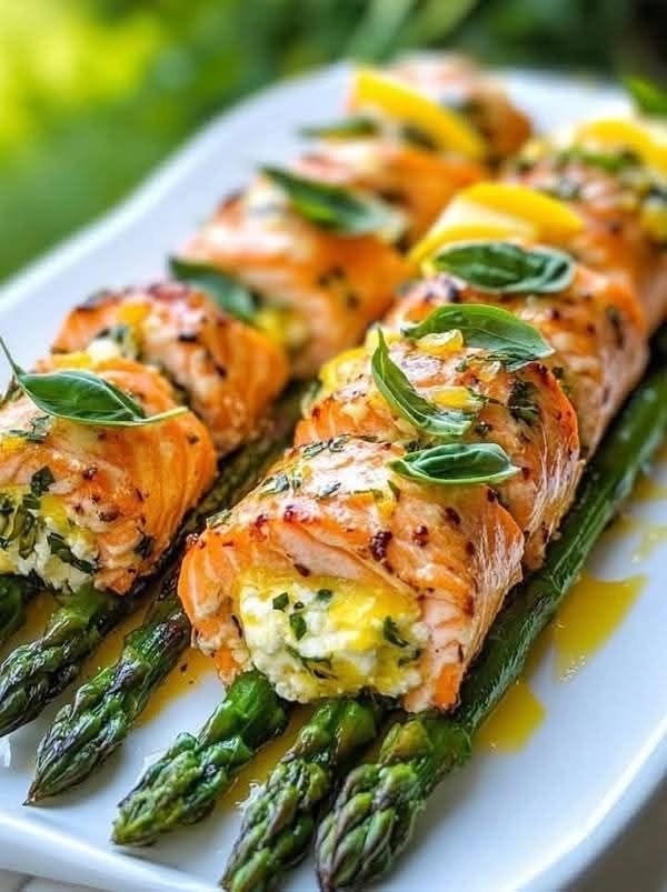 Stuffed Salmon with creamy spinach, feta, fresh herbs, lemon, and roasted asparagus