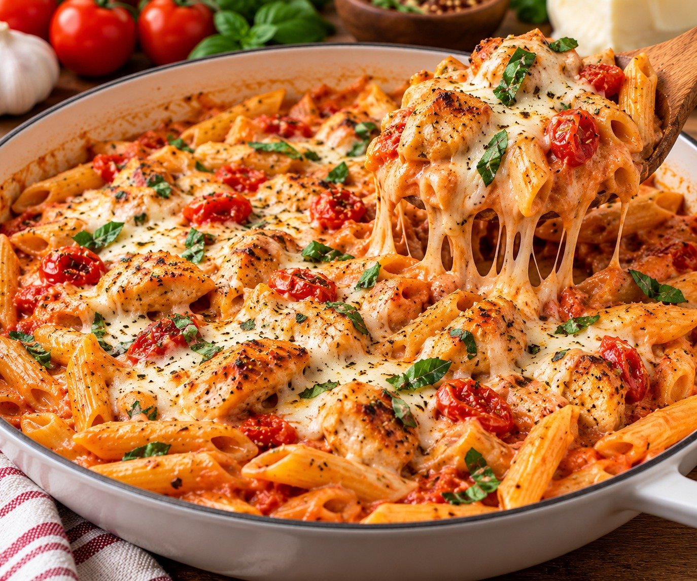 Tomato Chicken Pasta with tender chicken, creamy tomato sauce, melted mozzarella, Parmesan, herbs, and pasta
