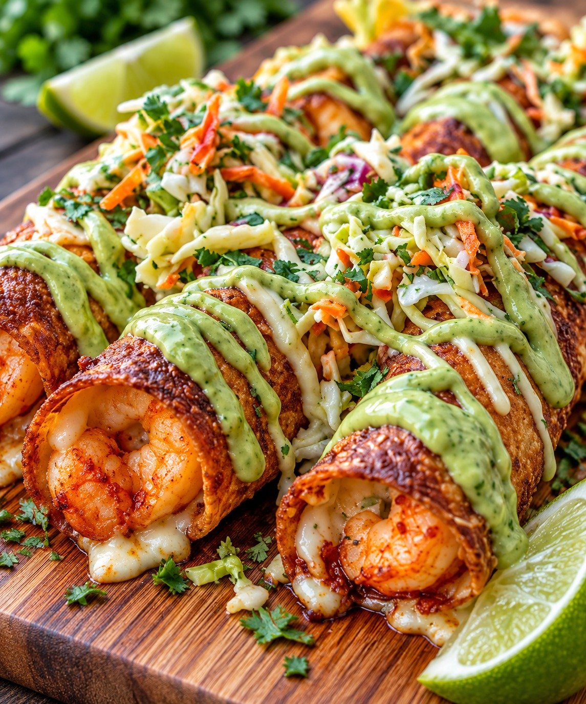 Crispy Shrimp Taquitos with mozzarella, garlic, lime, herbs, and golden tortillas