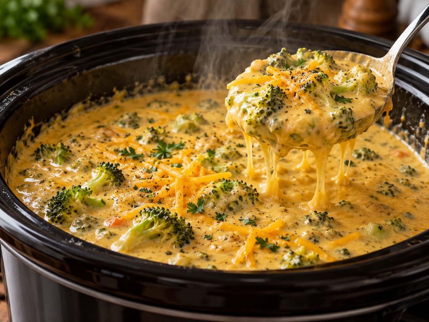 Crockpot Broccoli Cheddar Soup with broccoli, carrots, sharp cheddar, cream, and herbs