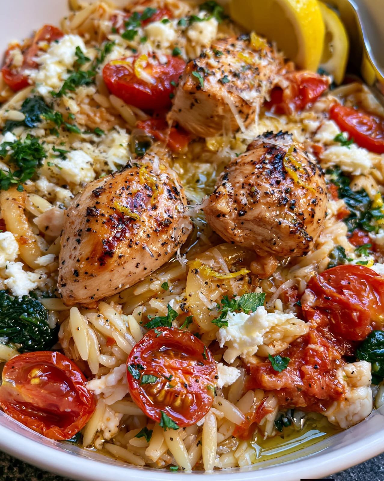 Lemon Feta Chicken Orzo with tender chicken, creamy orzo, spinach, cherry tomatoes, lemon, herbs, and crumbled feta