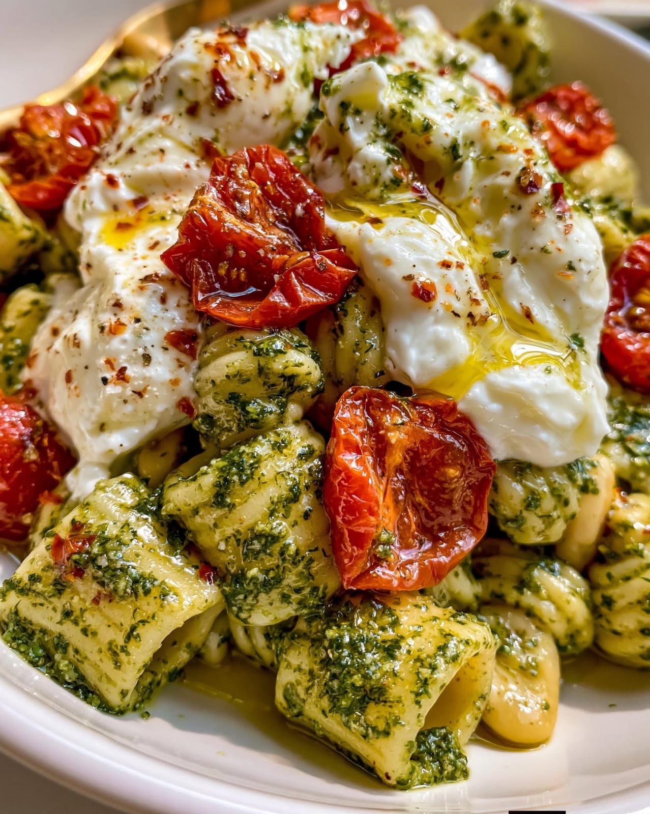 Pesto Burrata Pasta with basil pesto, creamy burrata, cherry tomatoes, Parmesan, and tender pasta