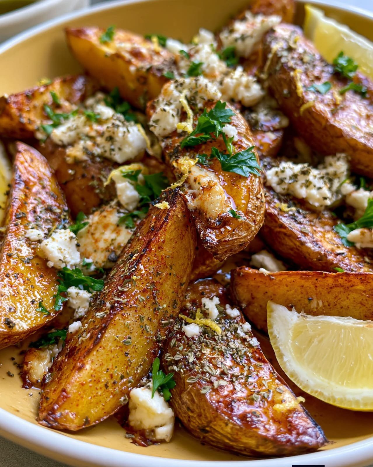 Greek Lemon Potatoes with roasted potatoes, fresh lemon, garlic, oregano, feta, parsley, and golden crispy edges