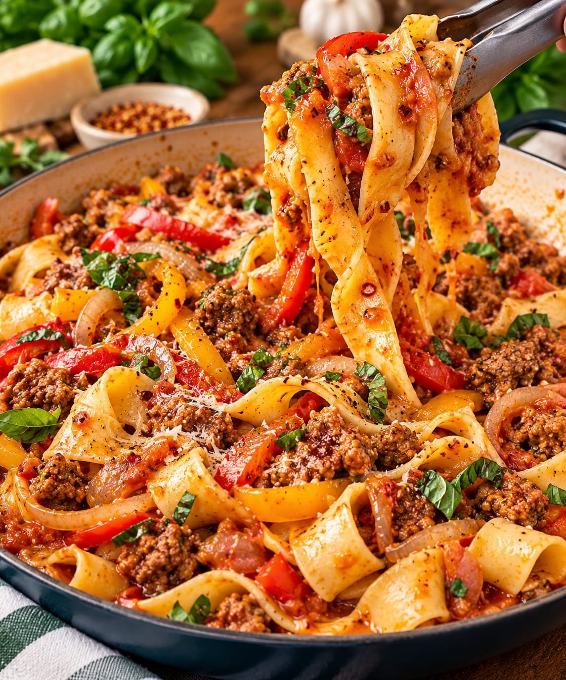 Italian Drunken Noodles with Italian sausage, colorful bell peppers, tomatoes, garlic, Parmesan, herbs, and wide pasta noodles