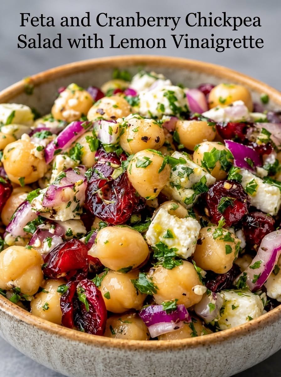 Cranberry Chickpea Salad with feta, cucumber, dried cranberries, chickpeas, fresh herbs, and lemon vinaigrette