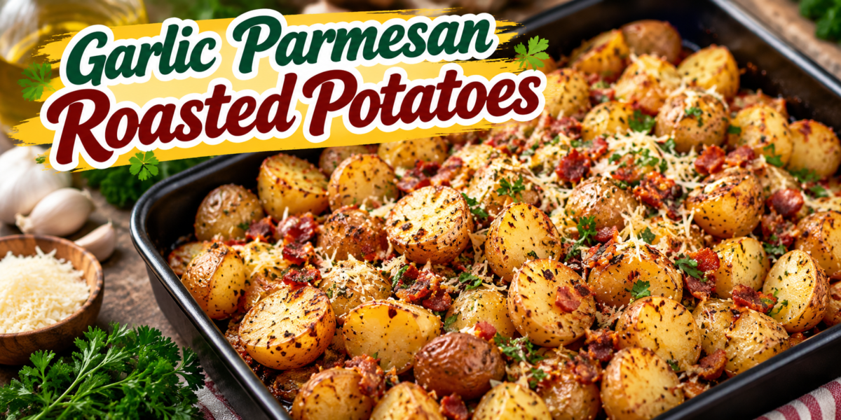 Roasted Potatoes coated with garlic, Parmesan cheese, Italian herbs, olive oil, and fresh parsley