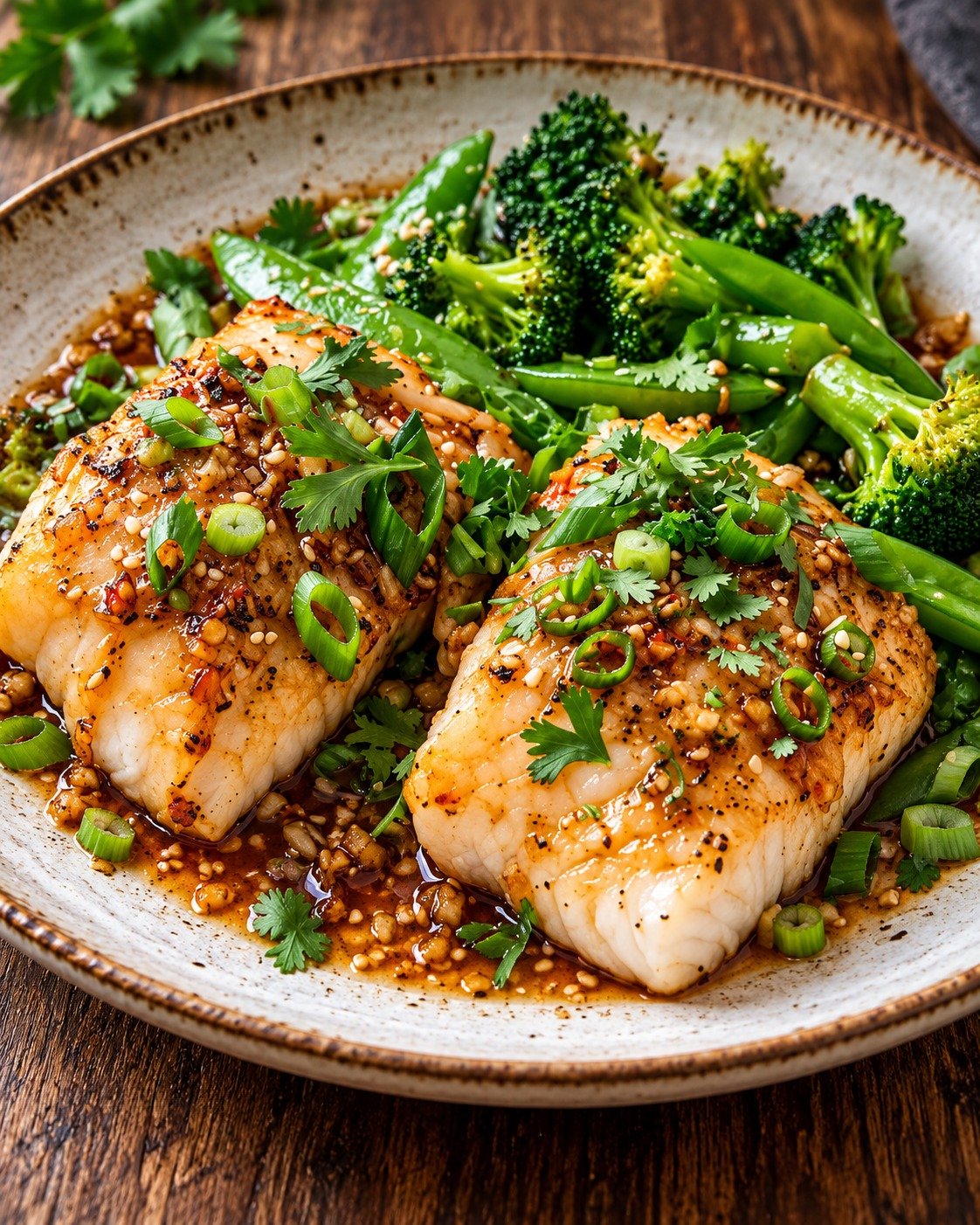 Glossy Ginger Soy Cod Fillets with ginger, garlic, sesame, green onions, and soy glaze