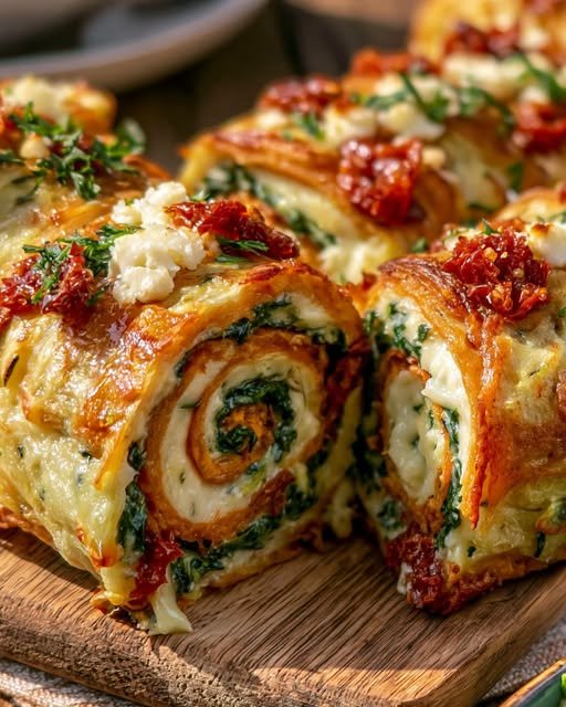 Sweet Potato Rosti Rolls with zucchini, feta, spinach, melted cheese, sun-dried tomatoes, and fresh herbs