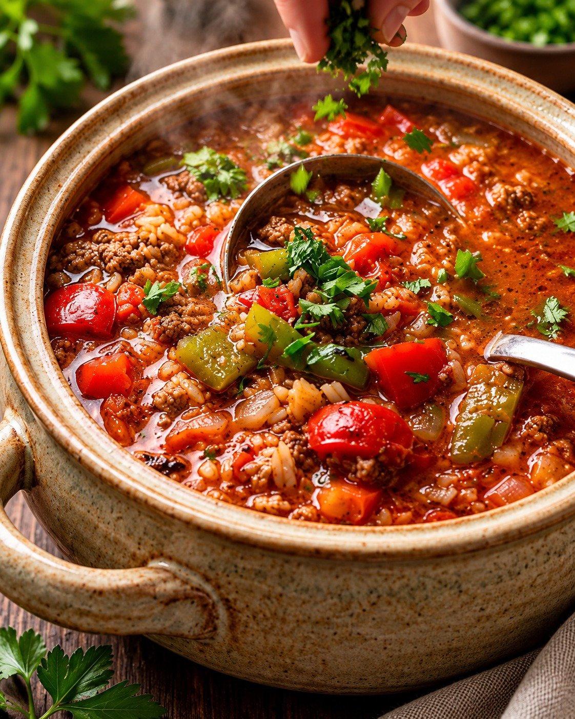 Hearty Stuffed Pepper Soup with ground beef, bell peppers, tomatoes, rice, and fresh herbs