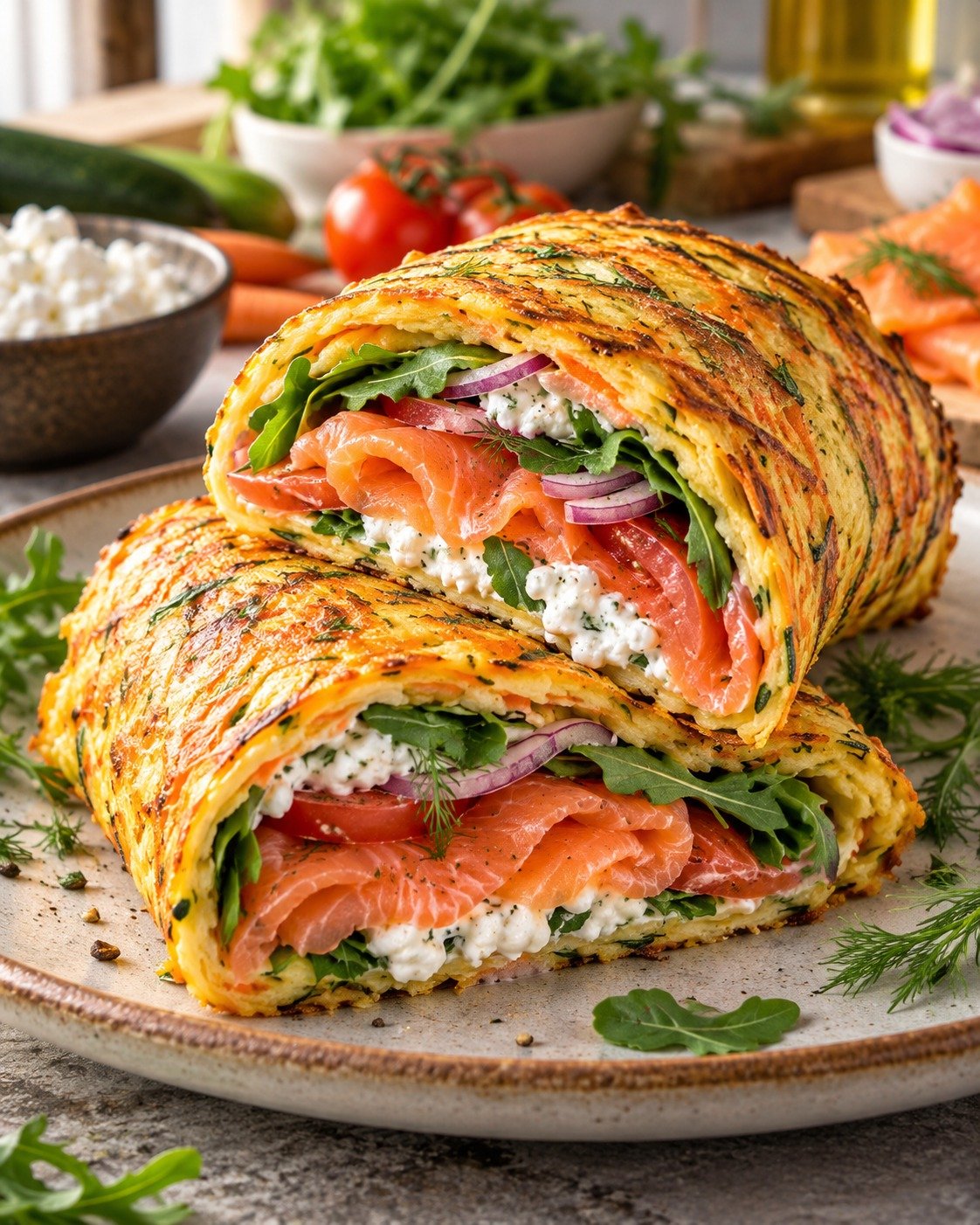 Salmon Veggie Wrap with flaky salmon, cucumber, tomatoes, cabbage, avocado, herbs, and creamy yogurt sauce