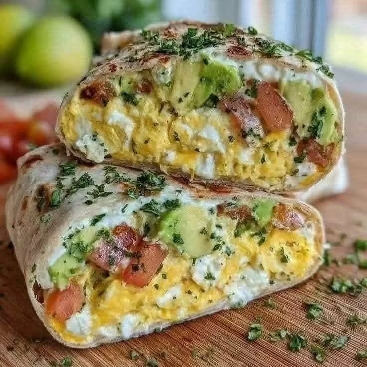Cottage Cheese Wrap with eggs, avocado, spinach, tomato, melted cheese, and whole-grain tortilla