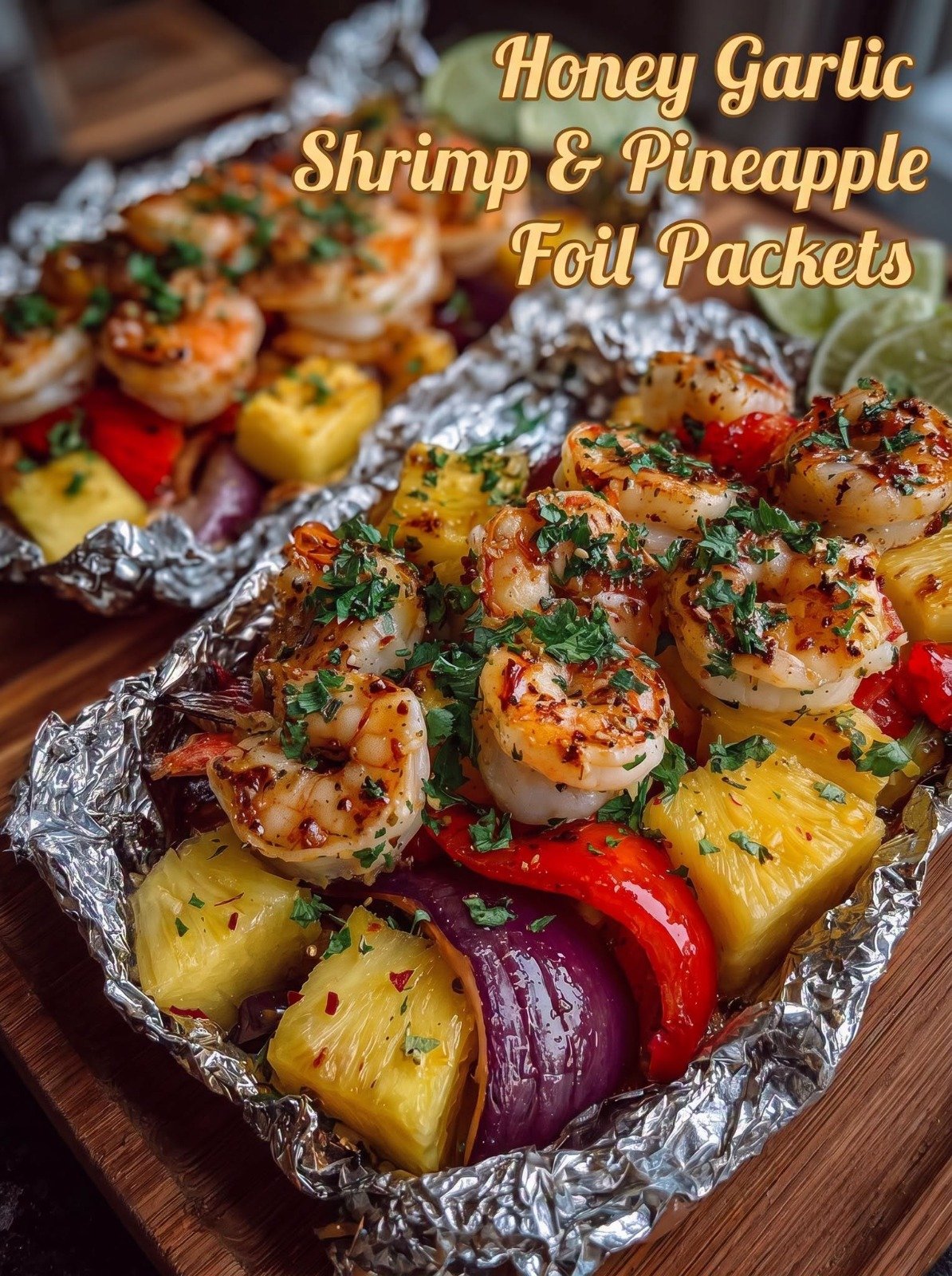Honey Garlic Shrimp with pineapple, bell peppers, garlic, ginger, sesame seeds, and sweet savory glaze