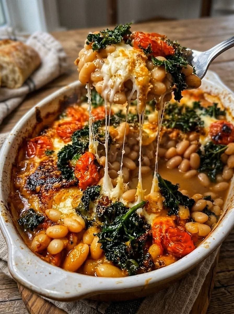 Italian White Bean Kale Bake with creamy white beans, fresh kale, tomatoes, Italian herbs, and melted cheese