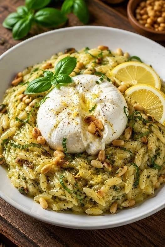 Lemon Basil Orzo with creamy burrata, fresh basil, lemon slices, Parmesan, and roasted pine nuts