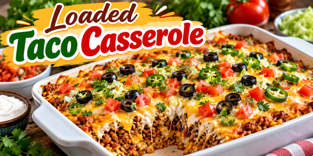 Loaded Taco Casserole with seasoned beef, rice, beans, corn, melted cheese, tomatoes, jalapeños, and cilantro